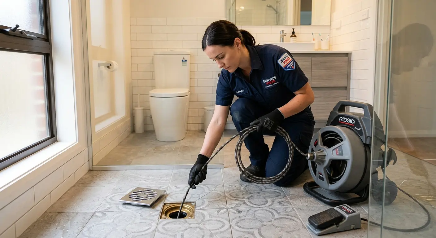 Technician clearing a bathroom floor drain for Drain Cleaning in Nanakuli